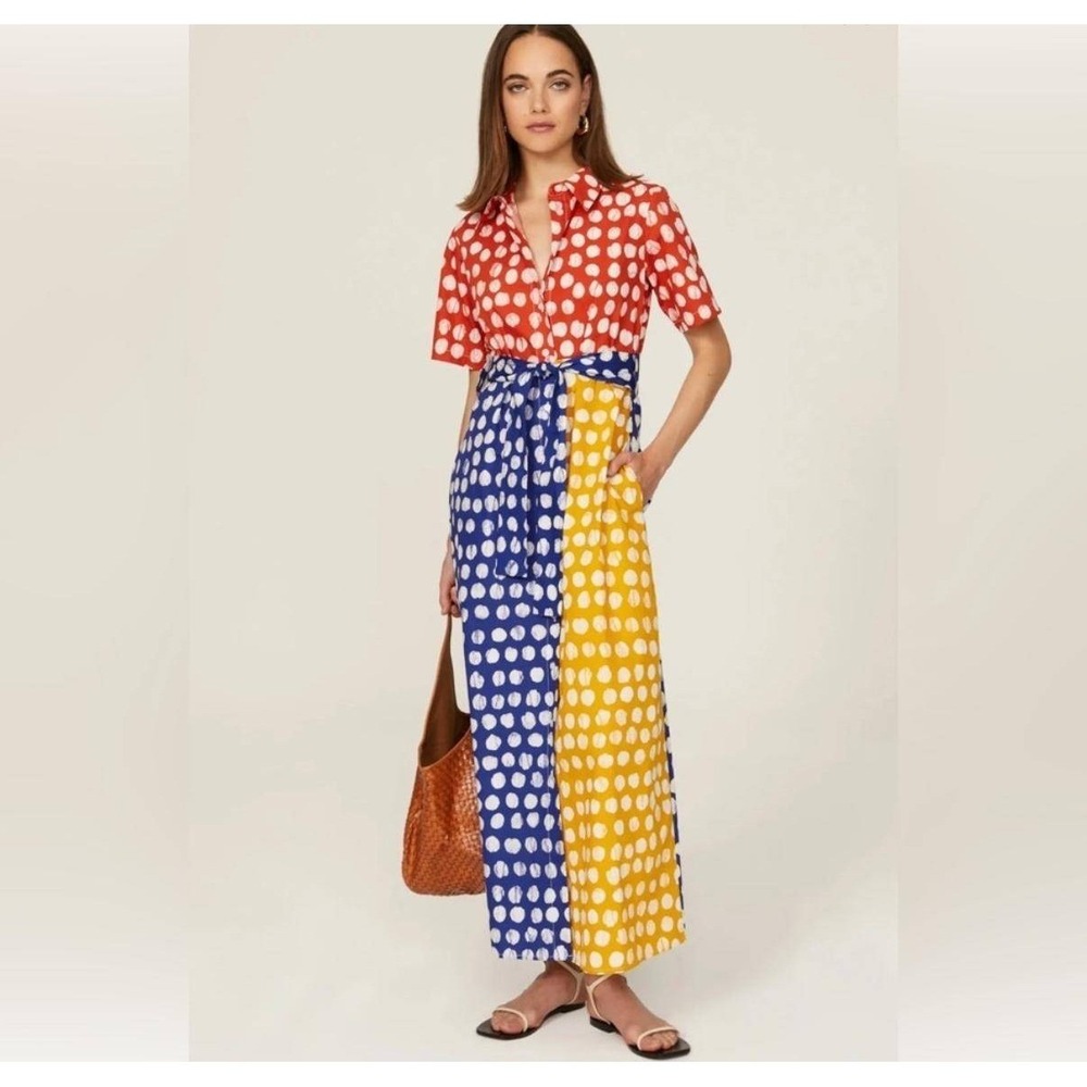 Busayo Collective Colorblock Polka Dot Adire Maxi Shirt Dress Red Blue Yellow 6